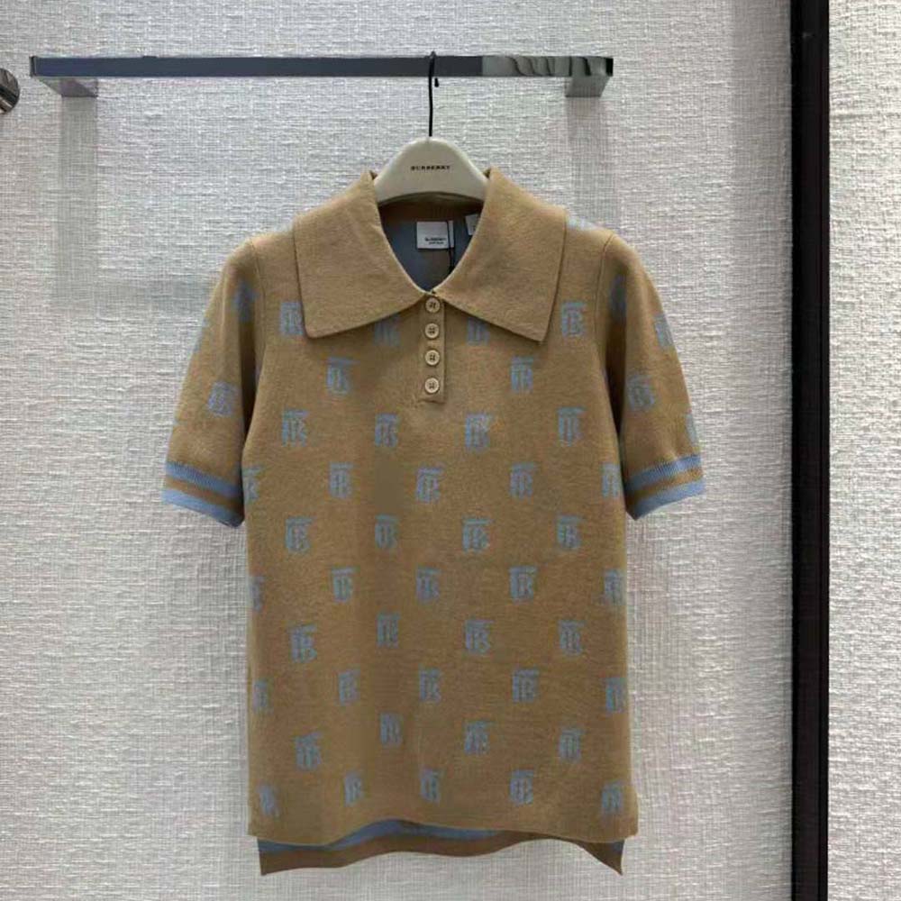 Side profile of brown Burberry Women Monogram Wool Silk Blend Polo Shirt