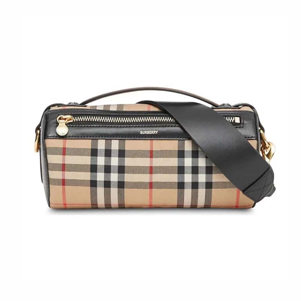 Front view of Burberry Women The Icon Stripe E-canvas and Leather Barrel Bag-Brown