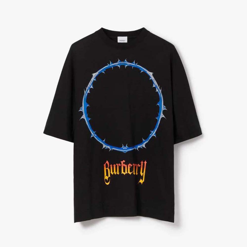 Front view of Burberry Men Thorn and Logo Print Cotton Oversized T-shirt-Black