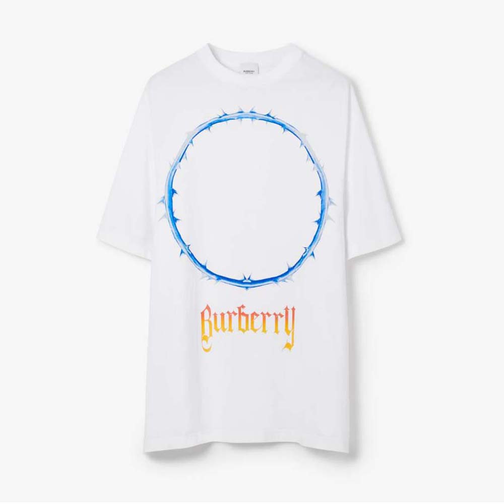 Front view of Burberry Men Thorn and Logo Print Cotton Oversized T-shirt-White