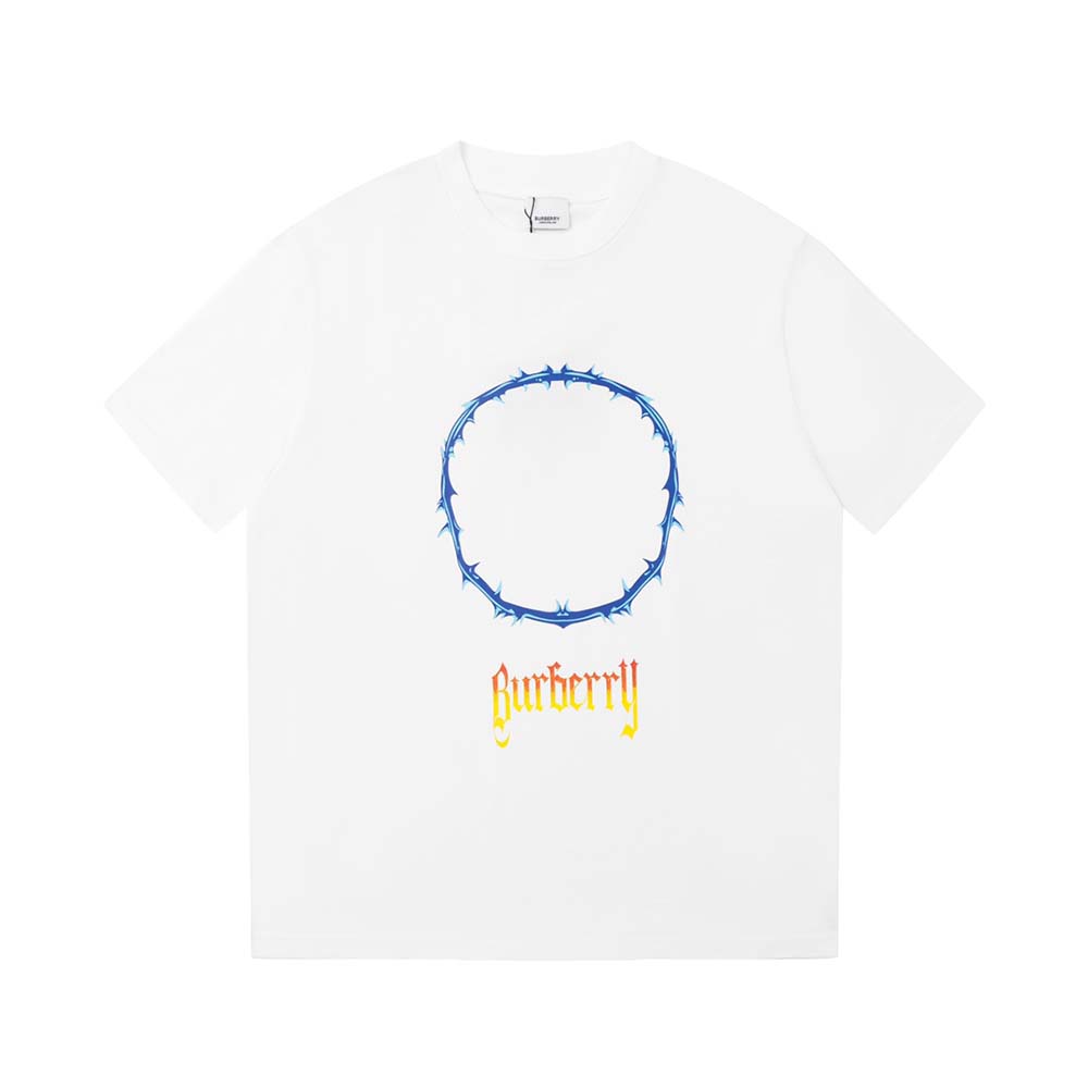 Close-up on thorn and logo print detail on Burberry T-shirt