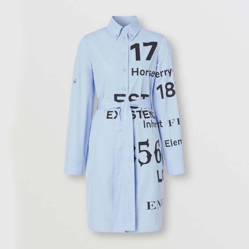 Front view of Burberry Women Vintage Check Cotton Tie-waist Shirt Dress-Blue