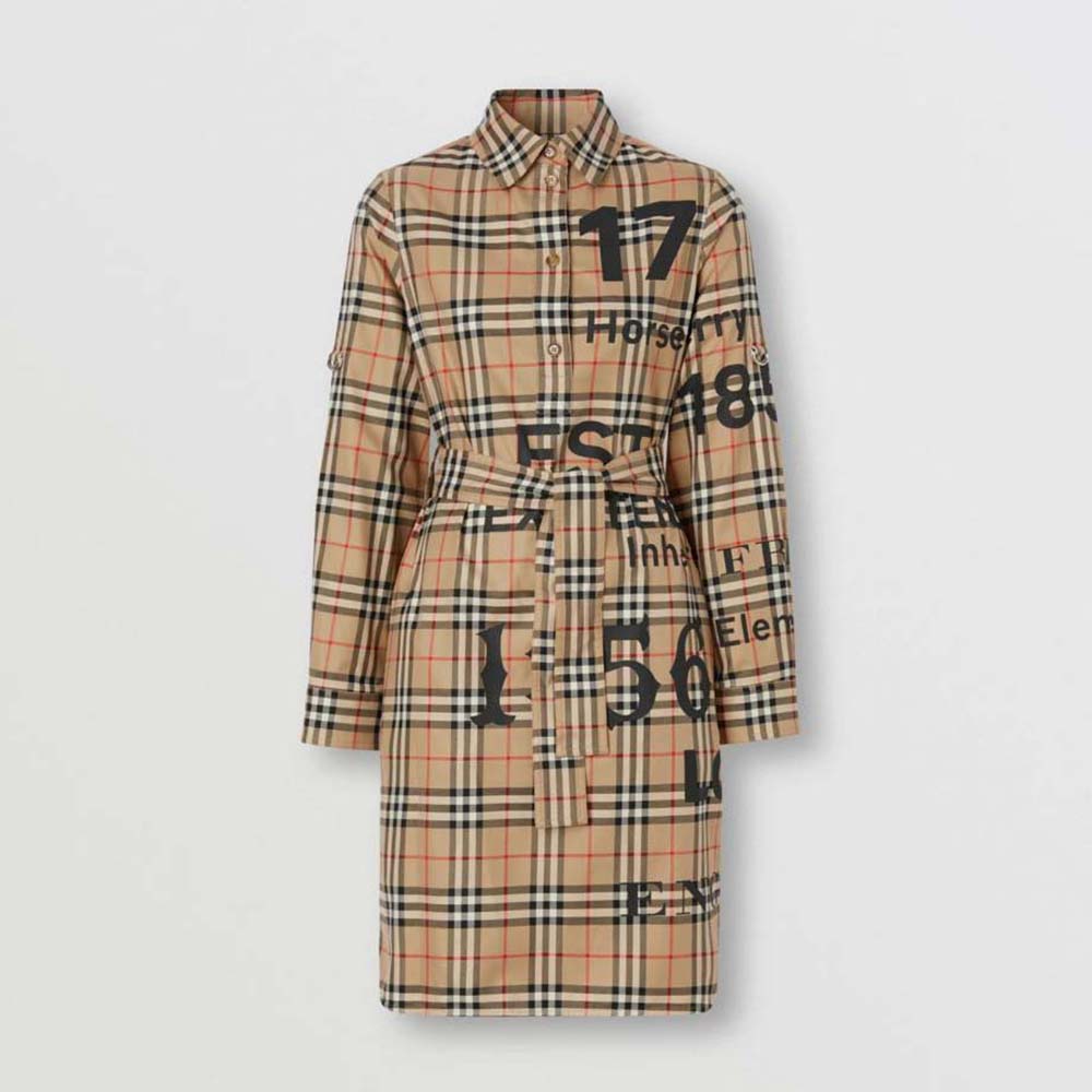 Front view of Burberry Women Vintage Check Cotton Tie-waist Shirt Dress-Brown