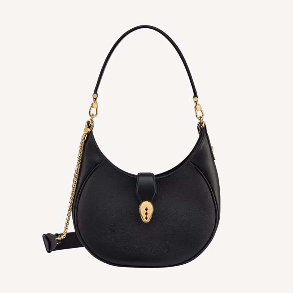 Front view of Bvlgari Women Serpenti Ellipse Shoulder Bag-Black showing clasp