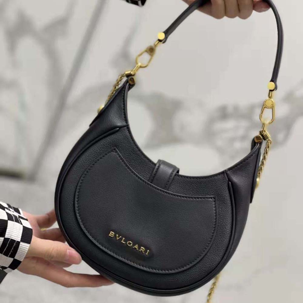 Side angle of Bvlgari Women Serpenti Ellipse Shoulder Bag-Black highlighting silhouette