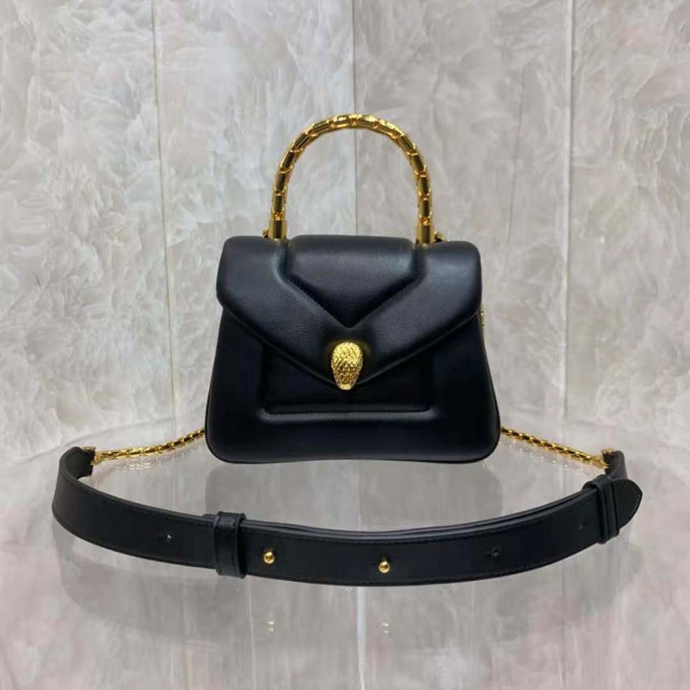 Close-up of signature snake-head closure on Bvlgari Women Serpenti Reverse Top Handle-Black