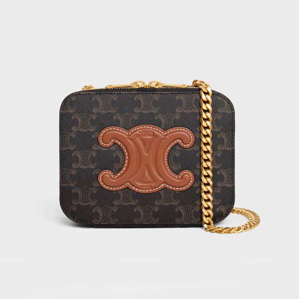 Front view of Celine Women Box on Chain Cuir Triomphe brown shoulder bag