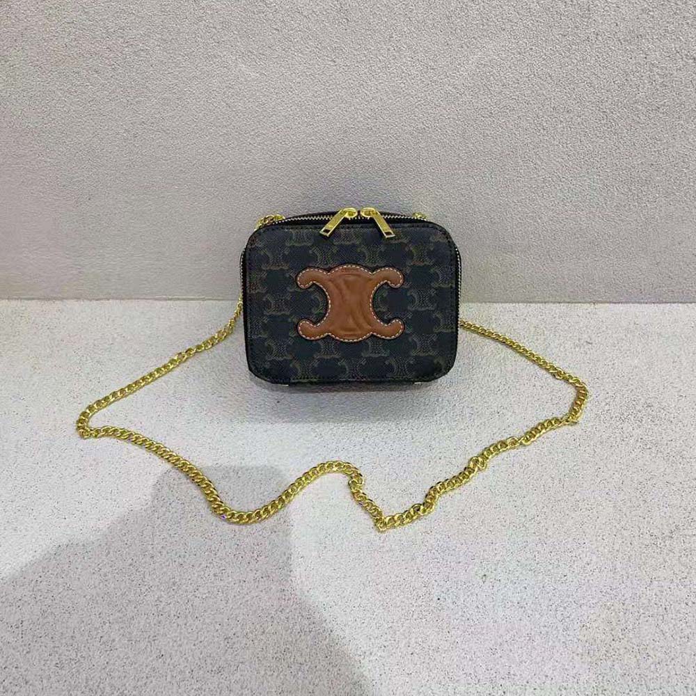Side angle showing chain strap and calfskin texture on Celine Women Box on Chain