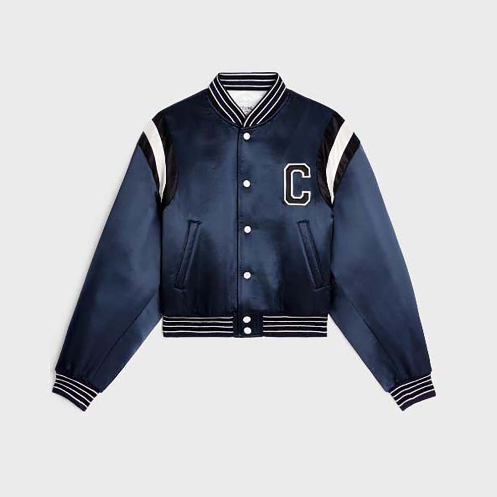 Front view of Celine Women Cropped Bomber Jacket in Thick Satin navy