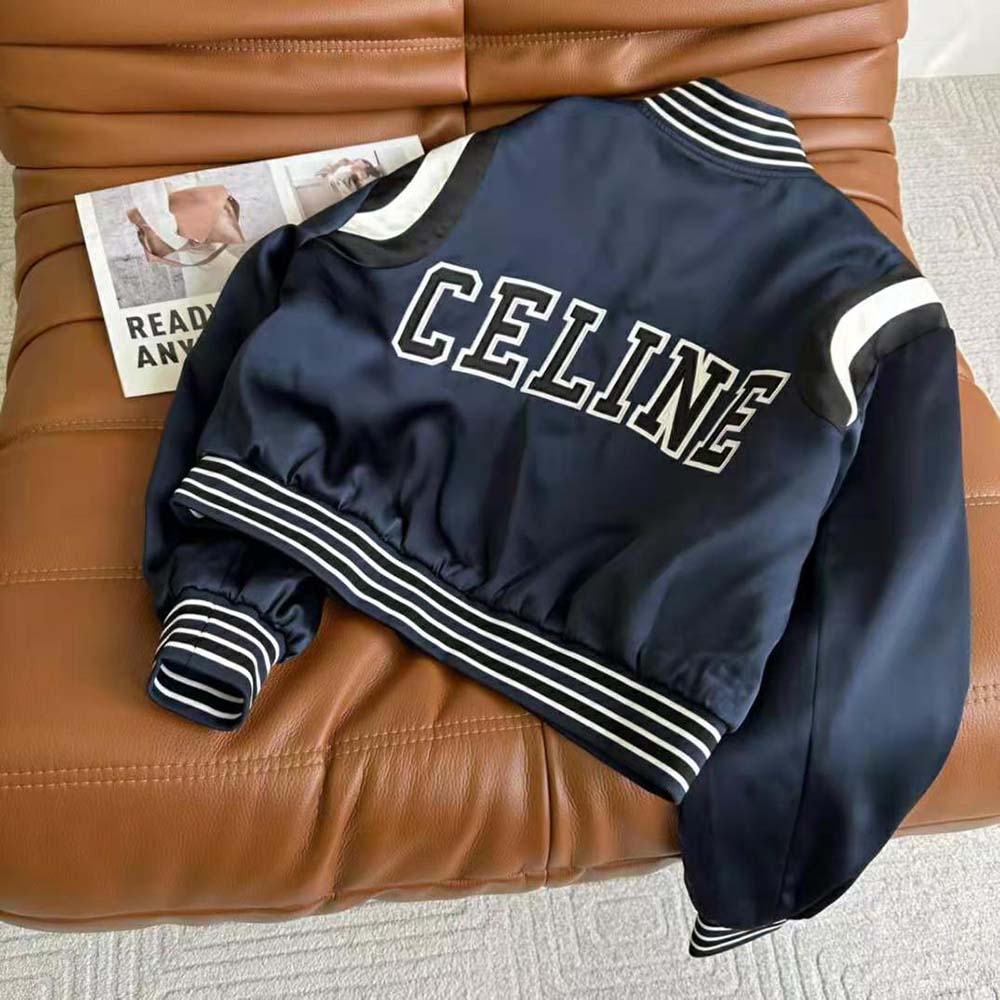Side profile of Celine Women Cropped Bomber Jacket showing cropped silhouette