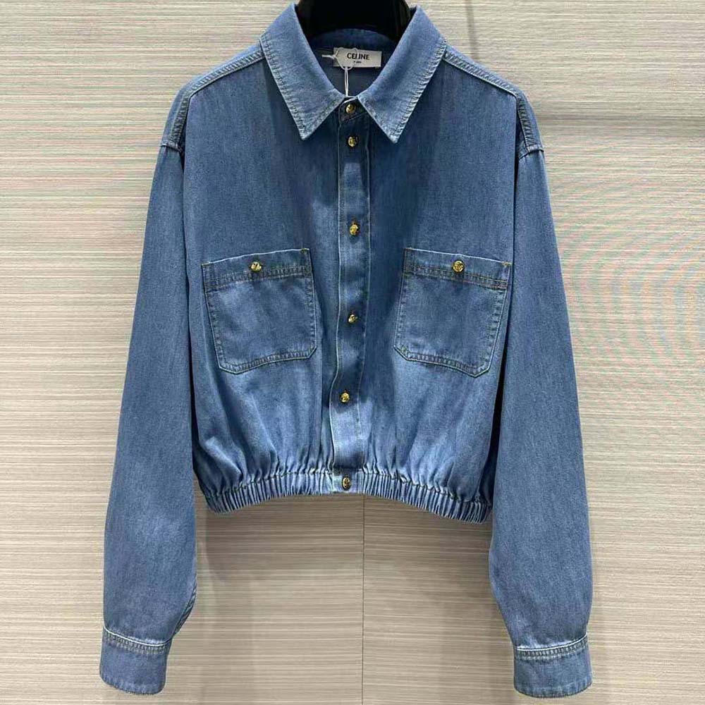 Close-up of signature buttons on Celine Women Cropped Denim Shirt