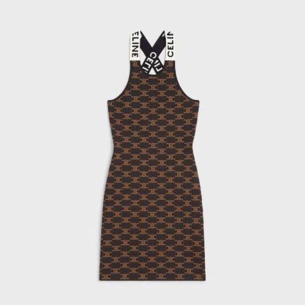 Front view of Celine Women Dress in Monogram Silk Cotton in brown
