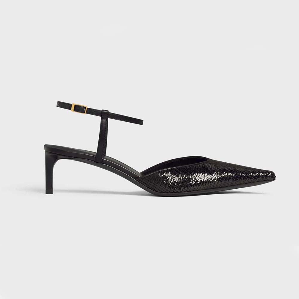 Side view of Celine Women Kitten in Sequins and Calfskin-Black sandal