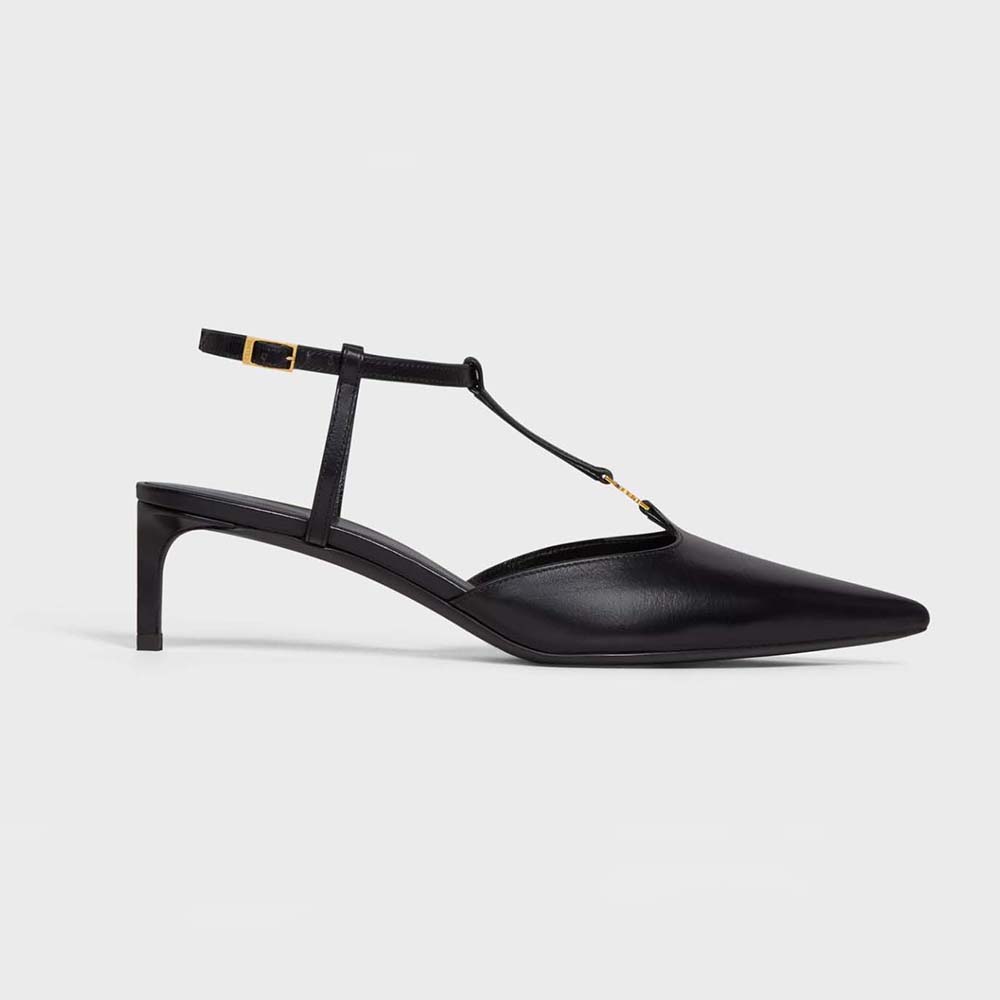 Side profile of Celine Women Kitten with Triomphe T-Bar Strap in black calfskin