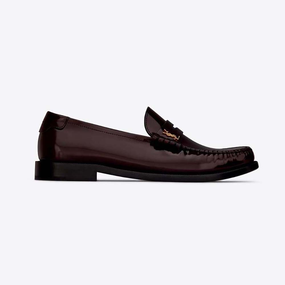 Side profile of Celine Women Le Loafer Penny Slippers in maroon leather