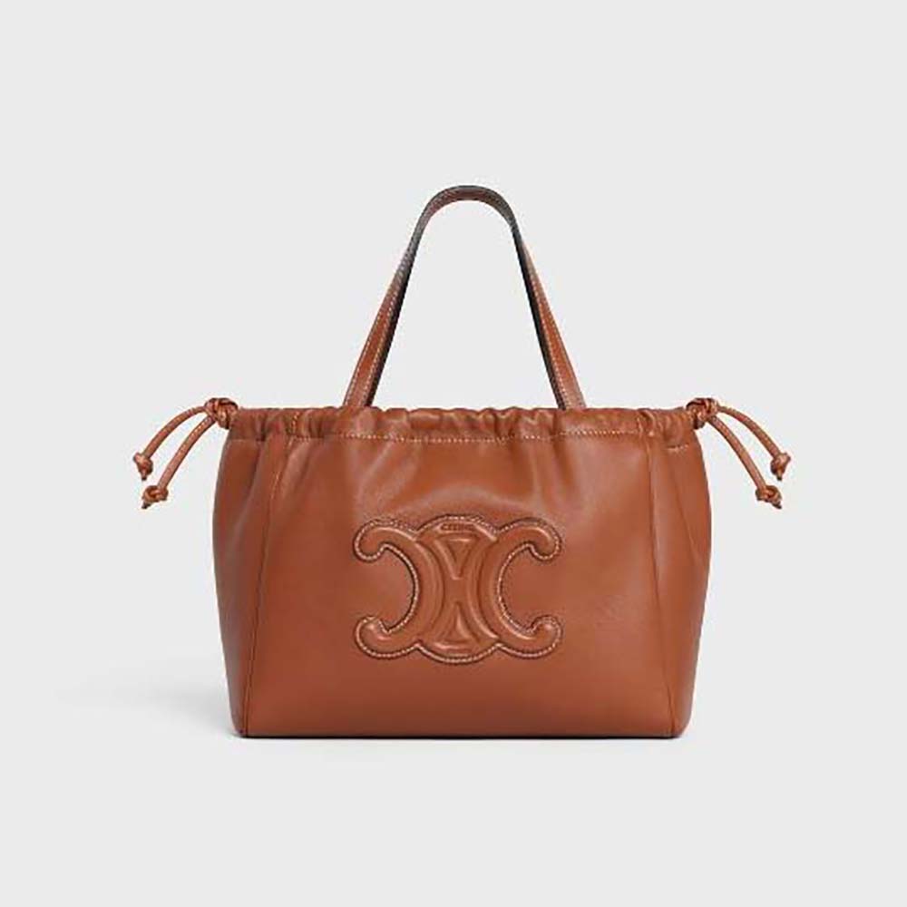 Front view of Celine Women Small Cabas Drawstring Cuir Triomphe in smooth brown calfskin