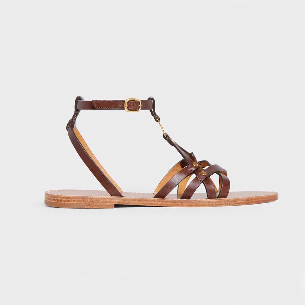 Side profile of Celine Women Taillat Triomphe Sandal in brown calfskin