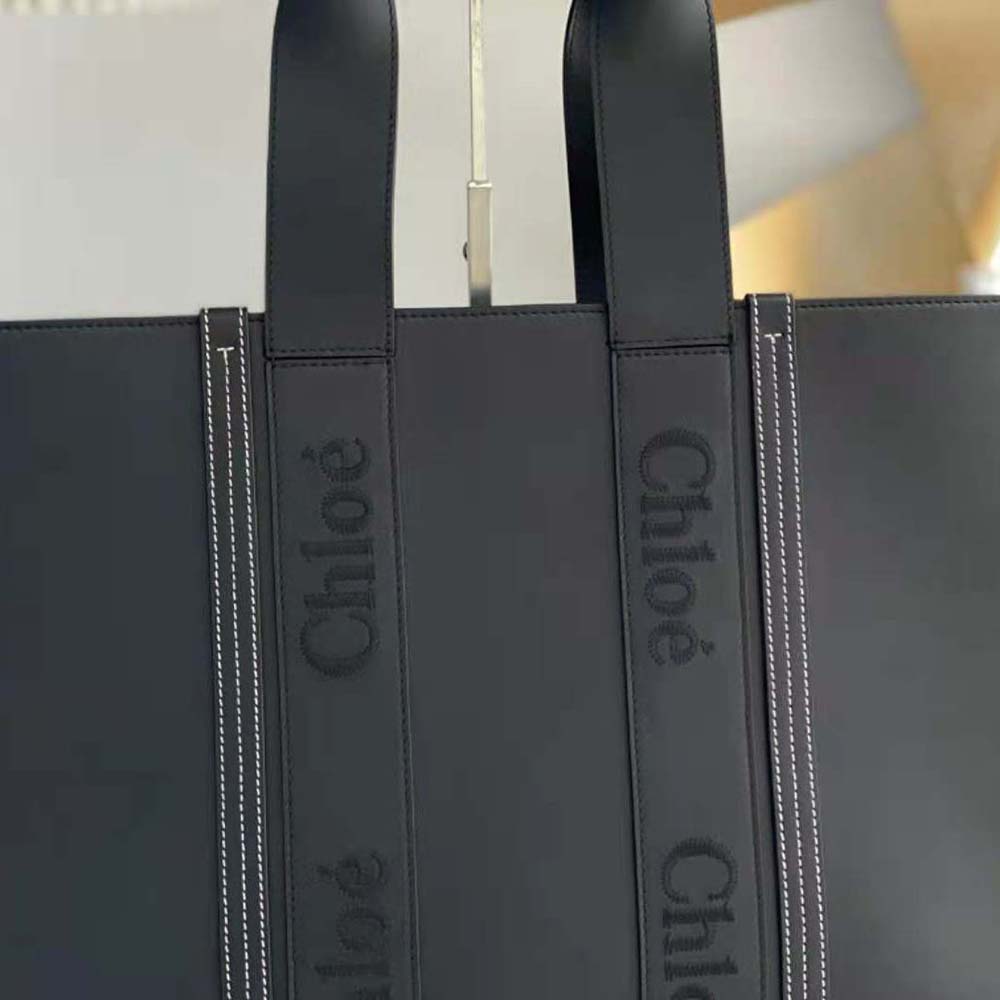 Chloe Women Large Woody Tote Bag with Embroidered Chloé Logo-Black - image 8