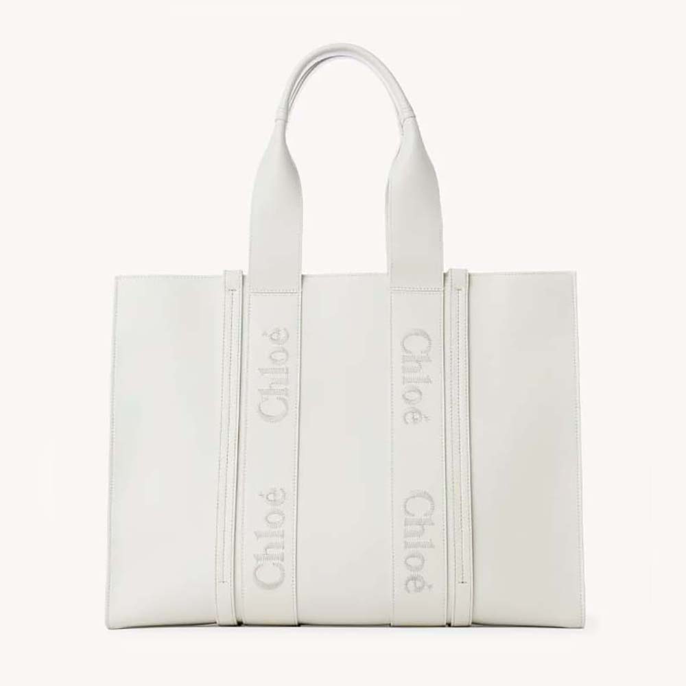 Front view of Chloe Women Large Woody Tote Bag with Embroidered Chloé Logo-White