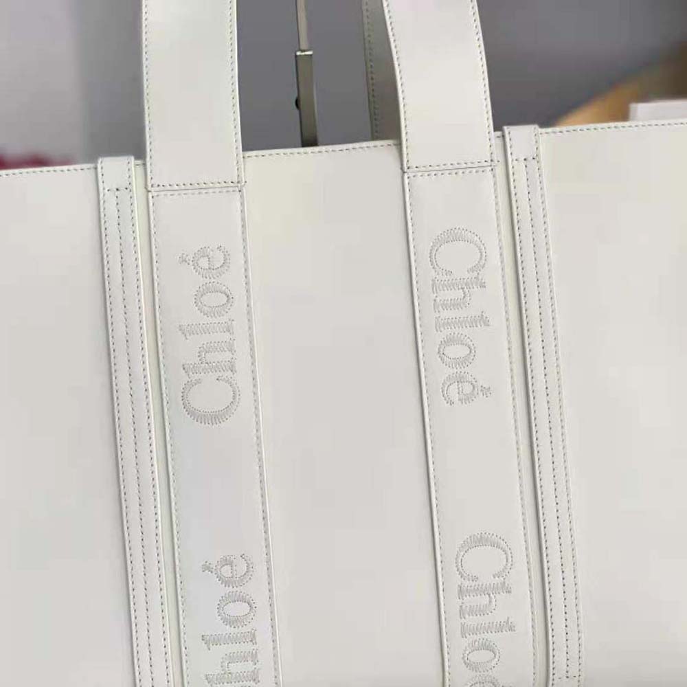 Chloe Women Large Woody Tote Bag with Embroidered Chloé Logo-White - image 7