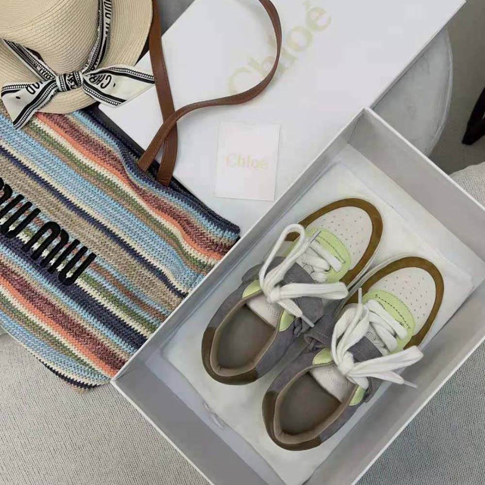 Overhead shot of Chloe Women Lauren Sneaker with Strap-Brown displaying sole and silhouette