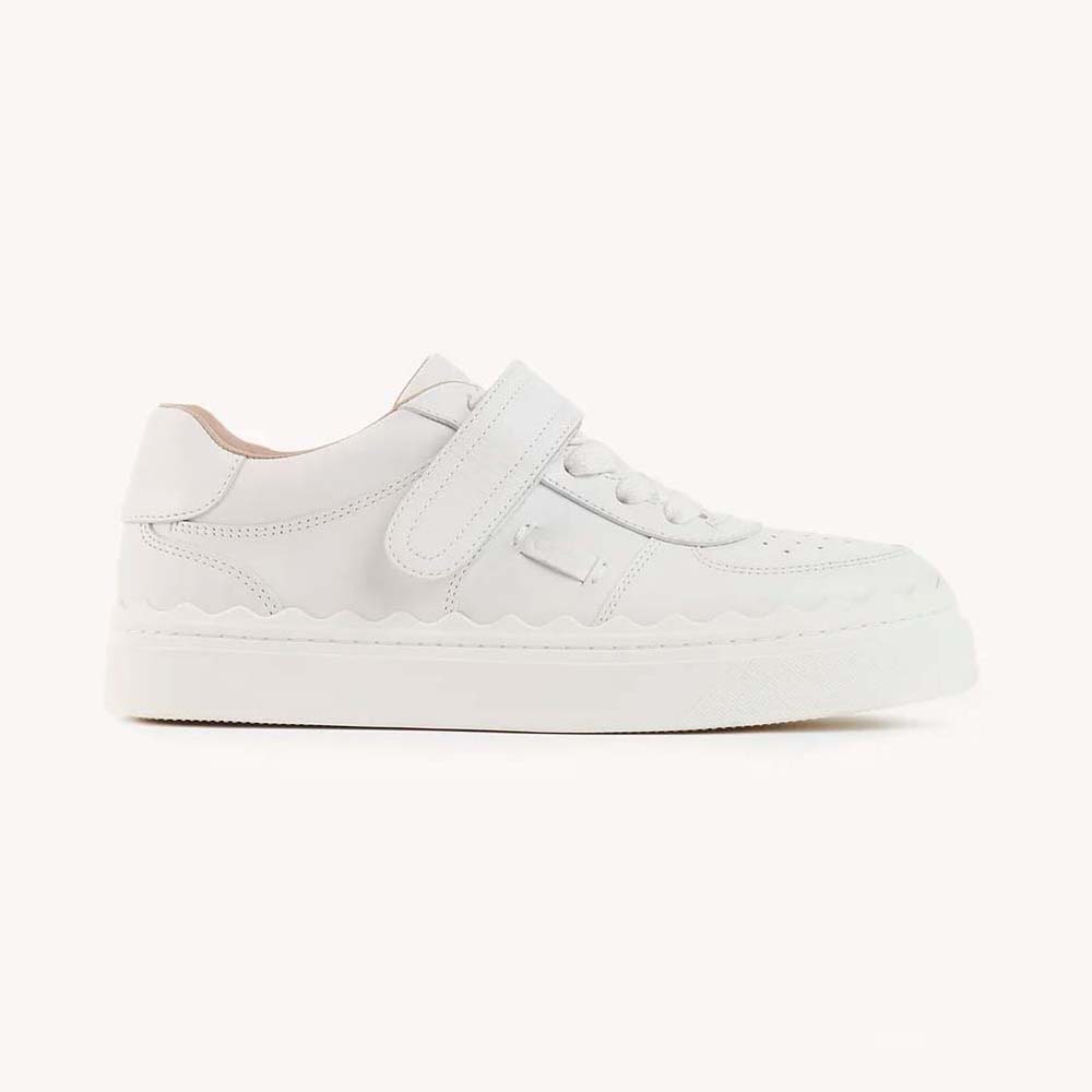 Front angle of Chloe Women Lauren Sneaker with Strap-White showing leather strap