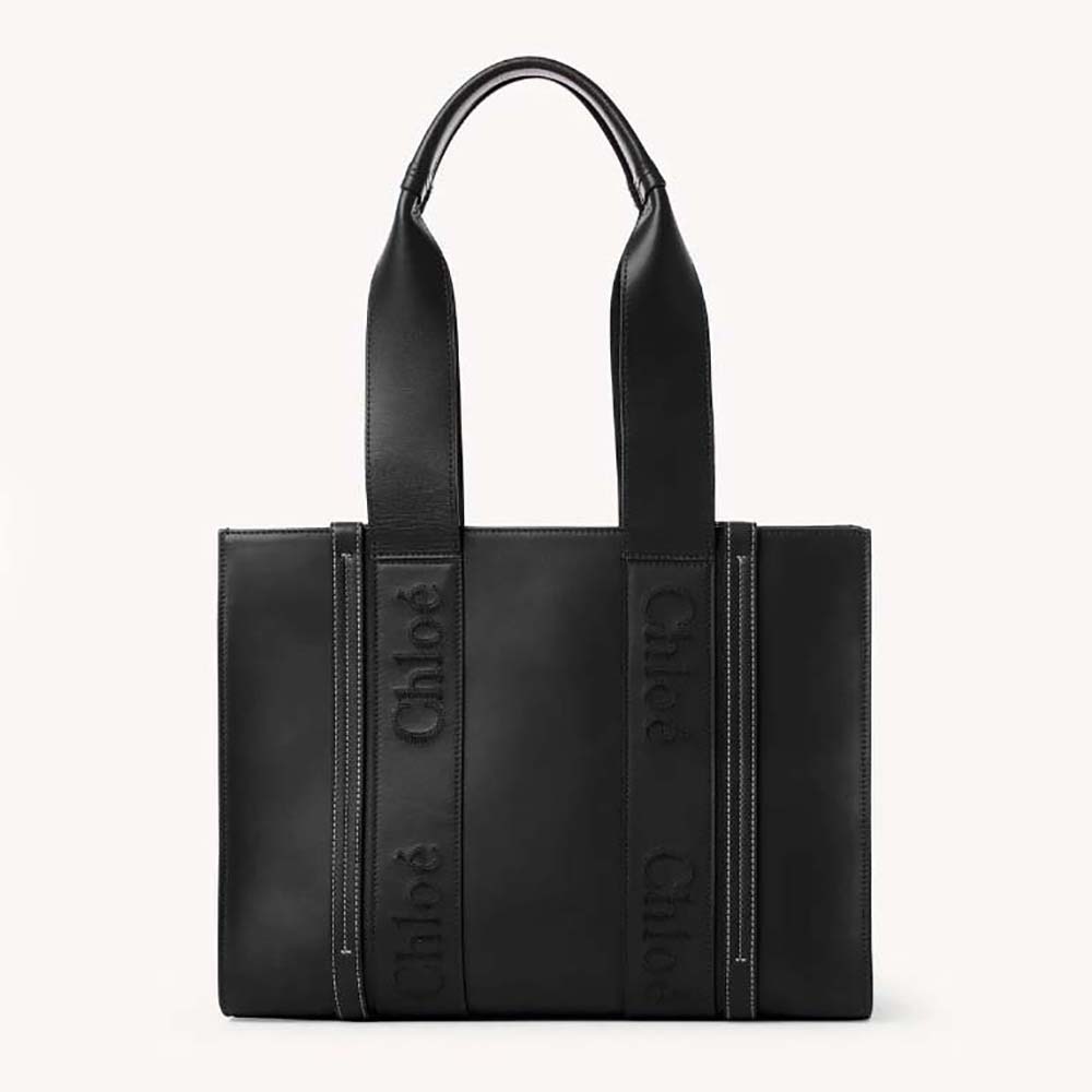 Front view of Chloe Women Medium Woody Tote Bag with Embroidered Chloé Logo-Black