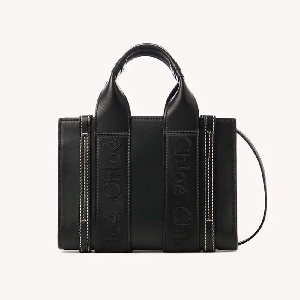 Front view of Chloe Women Mini Woody Tote Bag with Embroidered Chloé Logo-Black