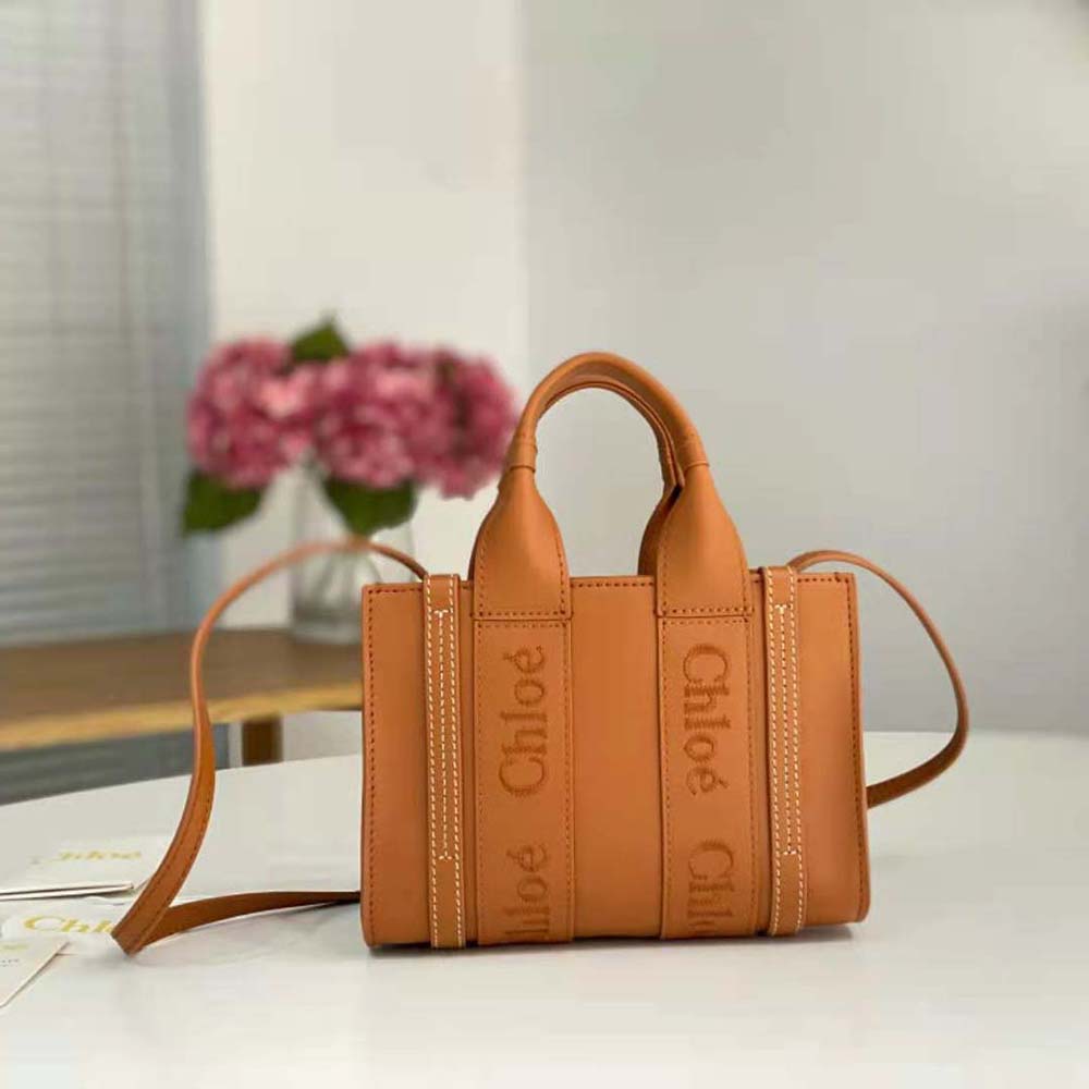 Close-up of embroidered Chloé logo detail on Mini Woody Tote Bag