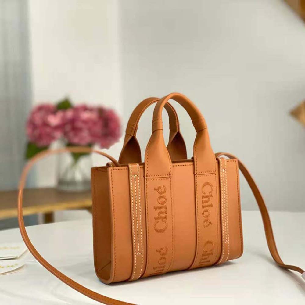 Side angle showing gold hardware and brown leather texture of Mini Woody Tote Bag