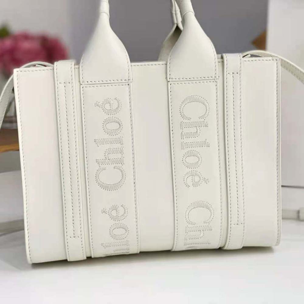 Chloe Women Mini Woody Tote Bag with Embroidered Chloé Logo-White - image 4