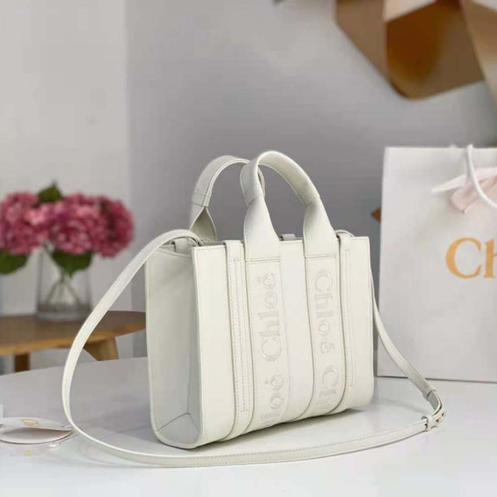 Side angle showing gold-tone hardware and zipper of Chloe Mini Woody Tote