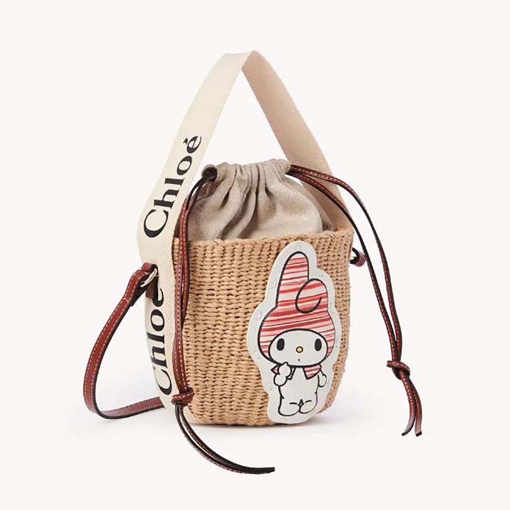 Front view of Chloe Women My Melody for Chloé Small Woody Basket beige handbag