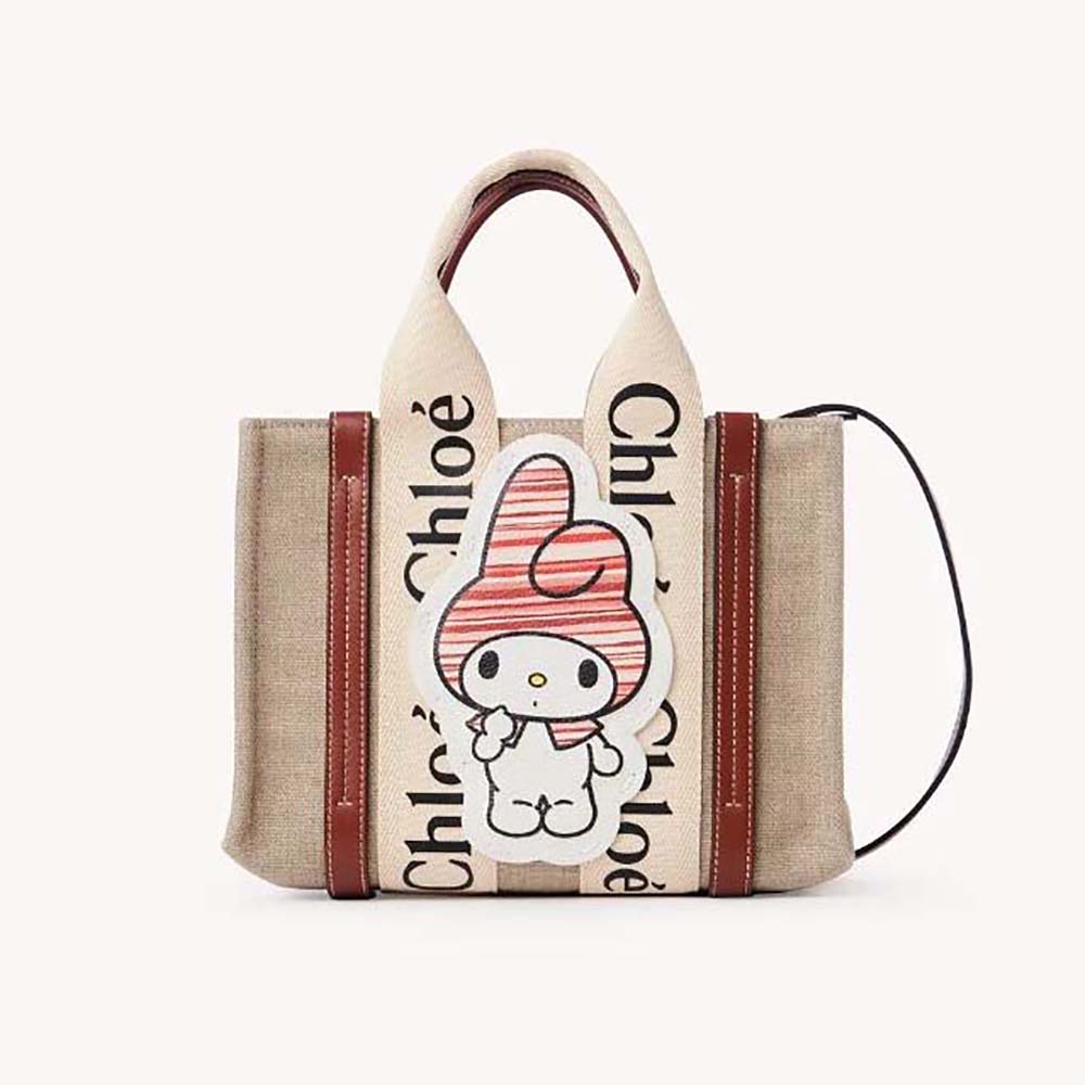 Front view of Chloe Women My Melody for Chloé Small Woody Tote Bag in beige
