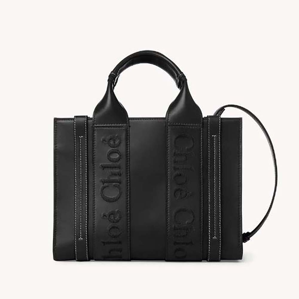Front view of Chloe Women Small Woody Tote Bag with embroidered logo in black