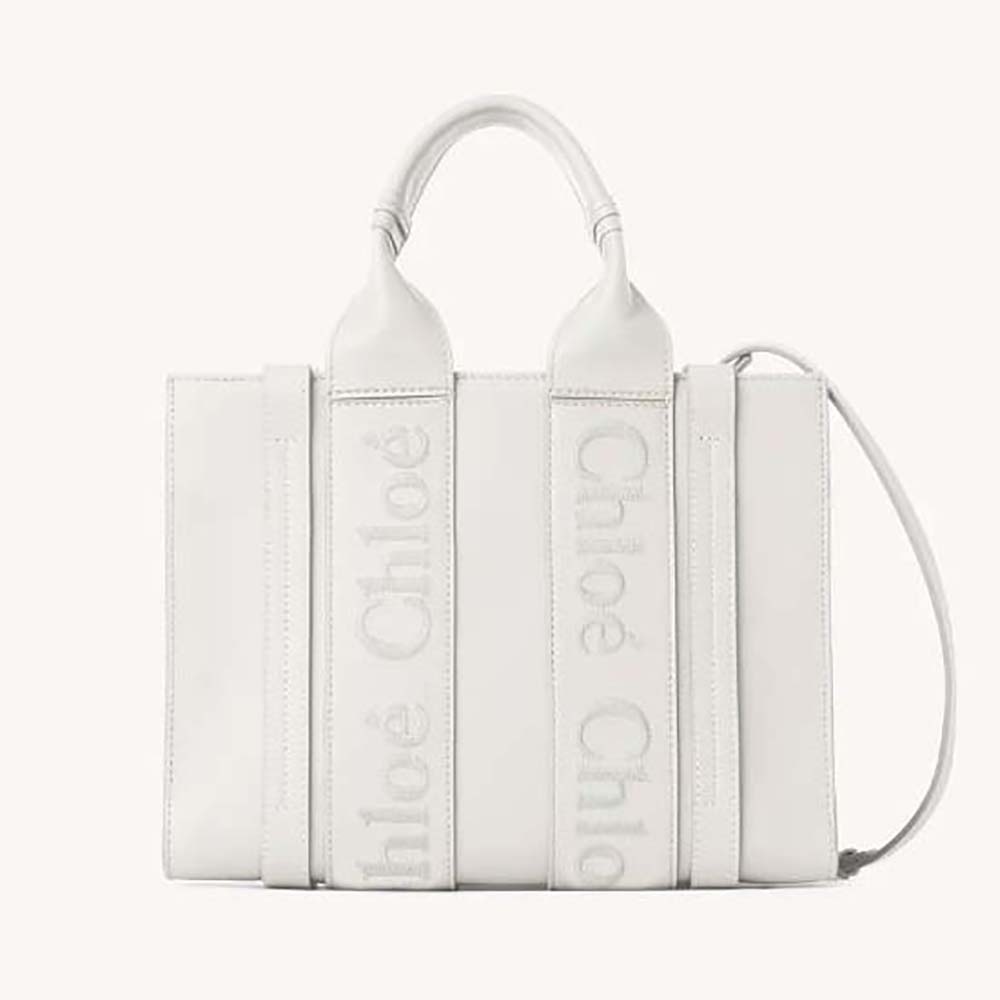 Front view of Chloe Women Small Woody Tote Bag with Embroidered Chloé Logo-White