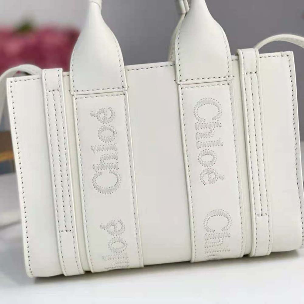 Chloe Women Small Woody Tote Bag with Embroidered Chloé Logo-White - image 5