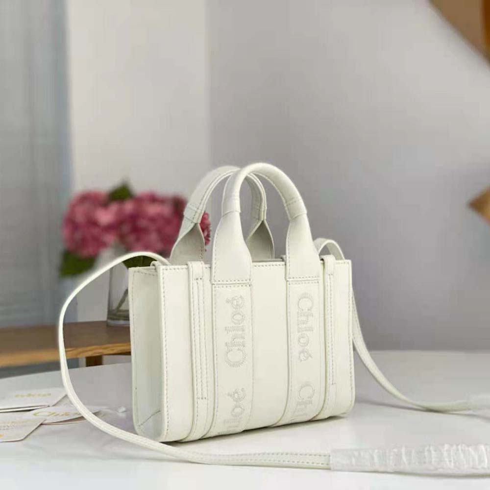 Side angle showing gold-tone hardware on Chloe Women Small Woody Tote Bag