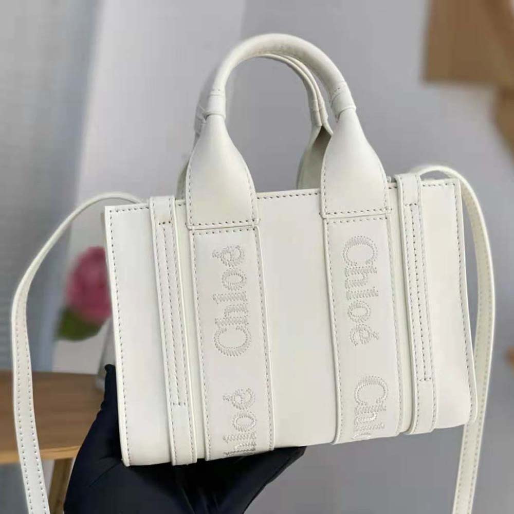 Chloe Women Small Woody Tote Bag with Embroidered Chloé Logo-White - image 4