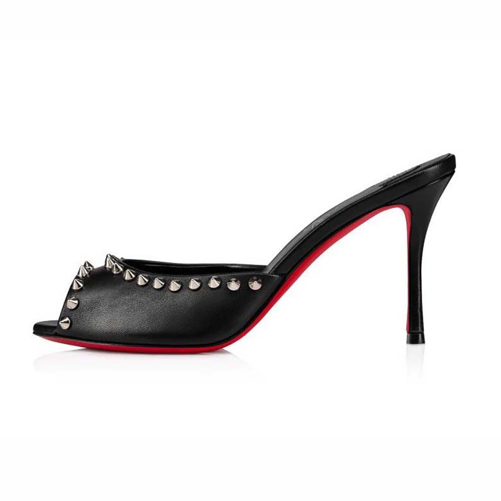 Side angle of Christian Louboutin Women Me Dolly Spike 85 mm Sandals in black