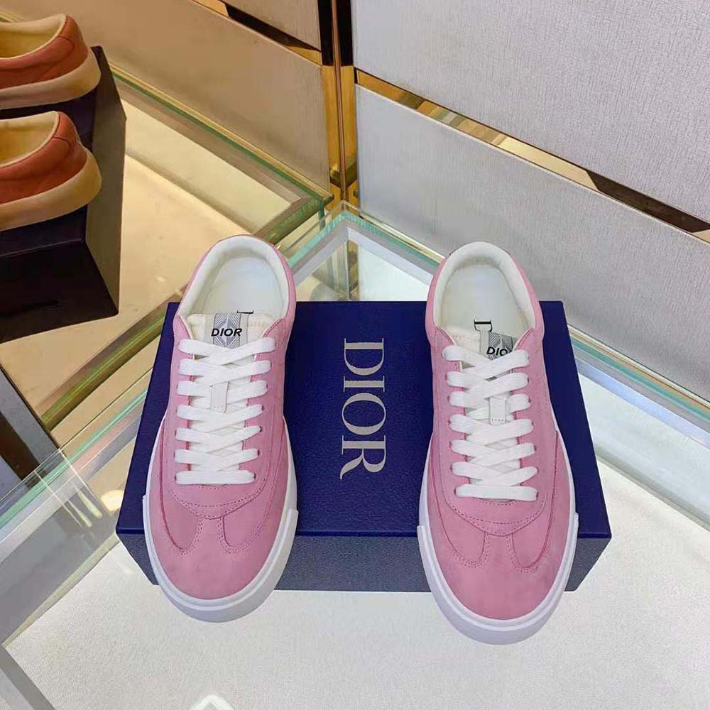 Top-down view showing lace-up closure on Dior Men B101 Sneaker Pink Nubuck Calfskin