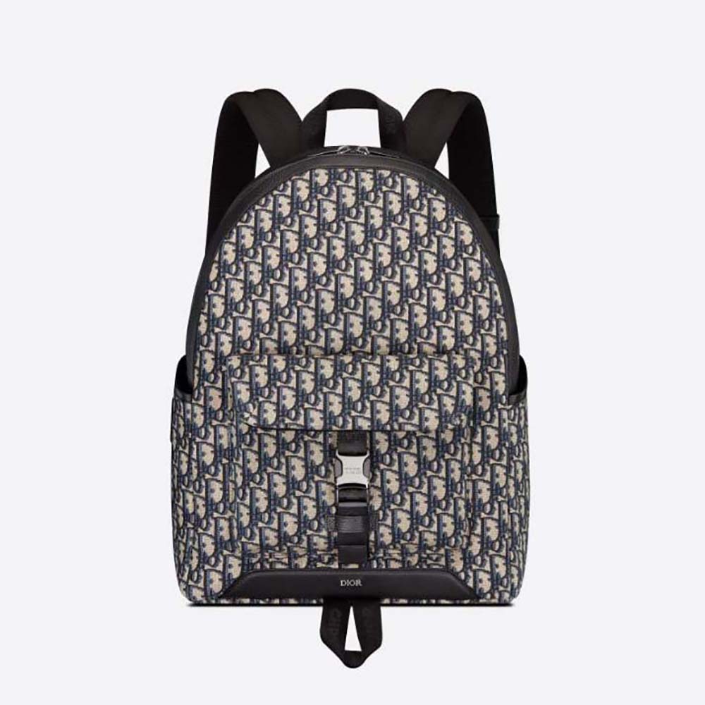 Front view of Dior Men Explorer Backpack Beige and Black Dior Oblique Jacquard