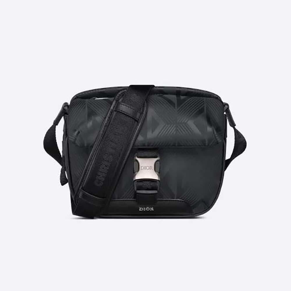 Front view of Dior Men Explorer Pouch with Strap Black nylon and CD diamond pattern