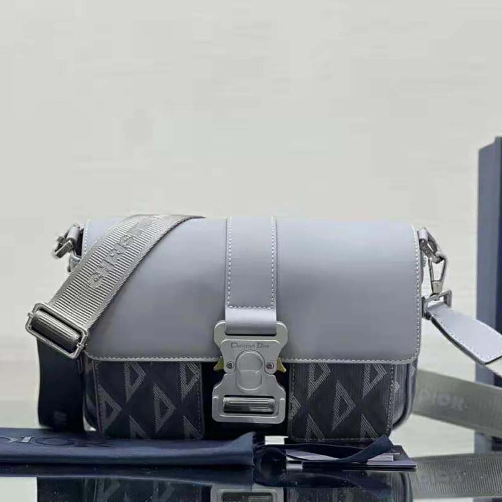Close-up of gray CD diamond canvas and smooth calfskin details