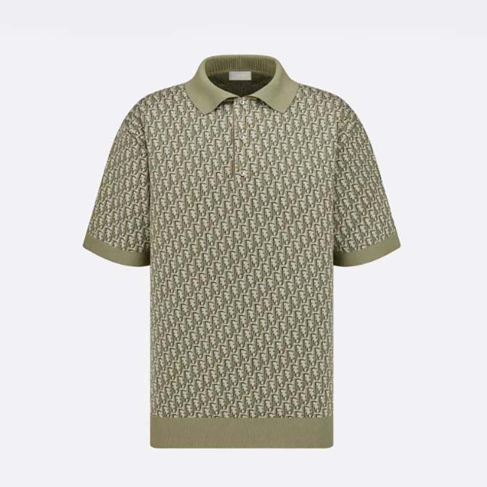Front view of Dior Men Oblique Polo Shirt Khaki Cotton Jacquard