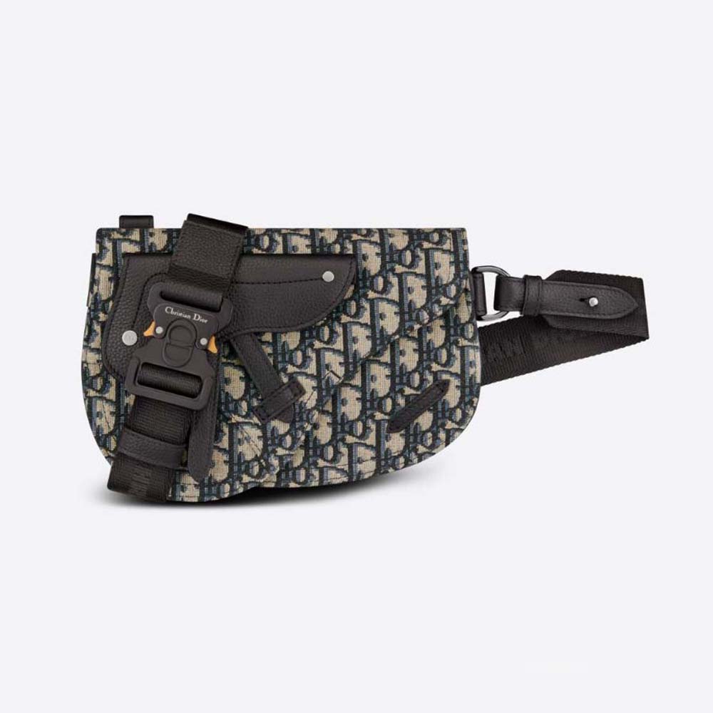 Front view of Dior Men Saddle Pouch Beige and Black Dior Oblique Jacquard