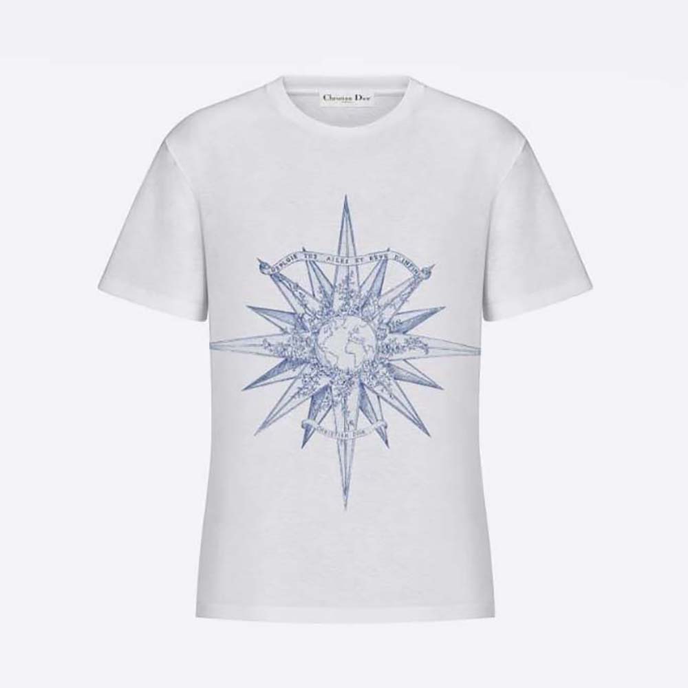Front view of Dior Women T-shirt Ecru Cotton Jersey and Linen with blue motif