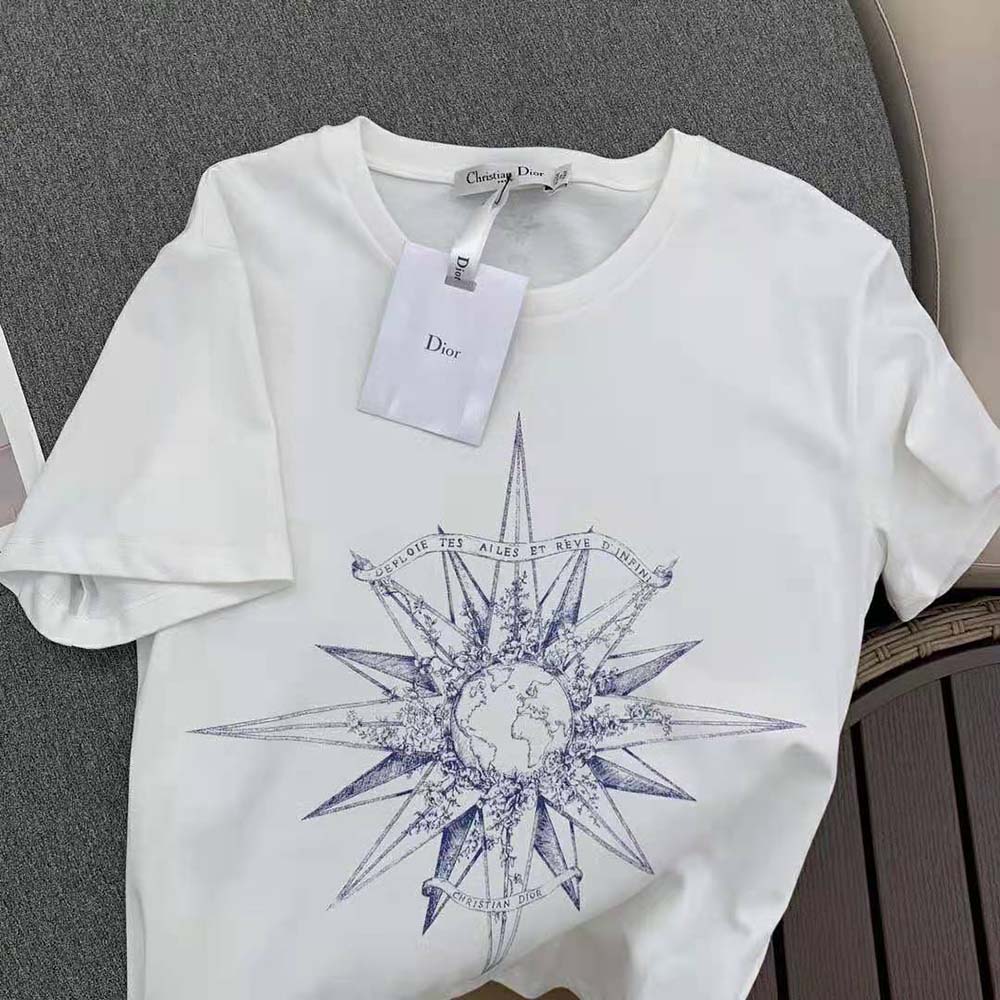 Dior Women T-shirt Ecru Cotton Jersey and Linen with Blue Rêve D’Infini Motif - image 4