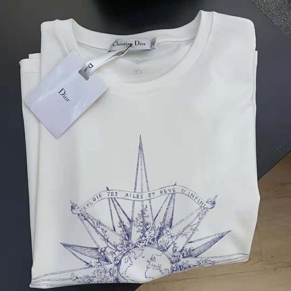 Dior Women T-shirt Ecru Cotton Jersey and Linen with Blue Rêve D’Infini Motif - image 5