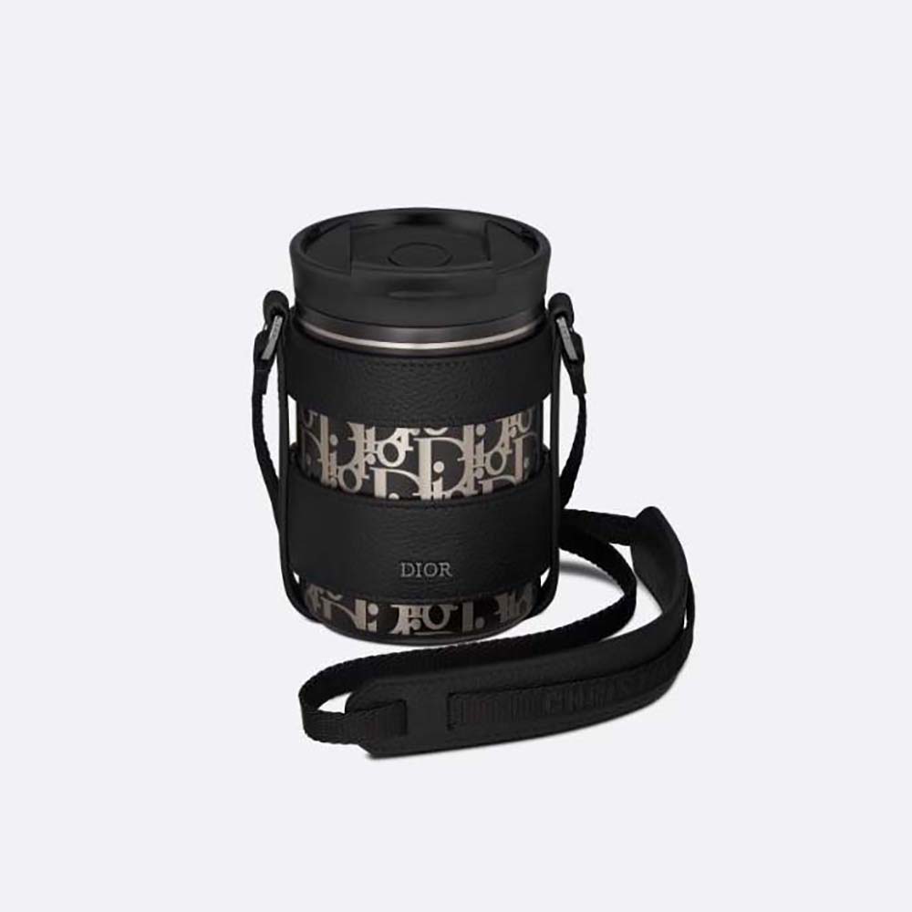 Front view of Dior Unisex Aqua Mug with shoulder strap in black calfskin